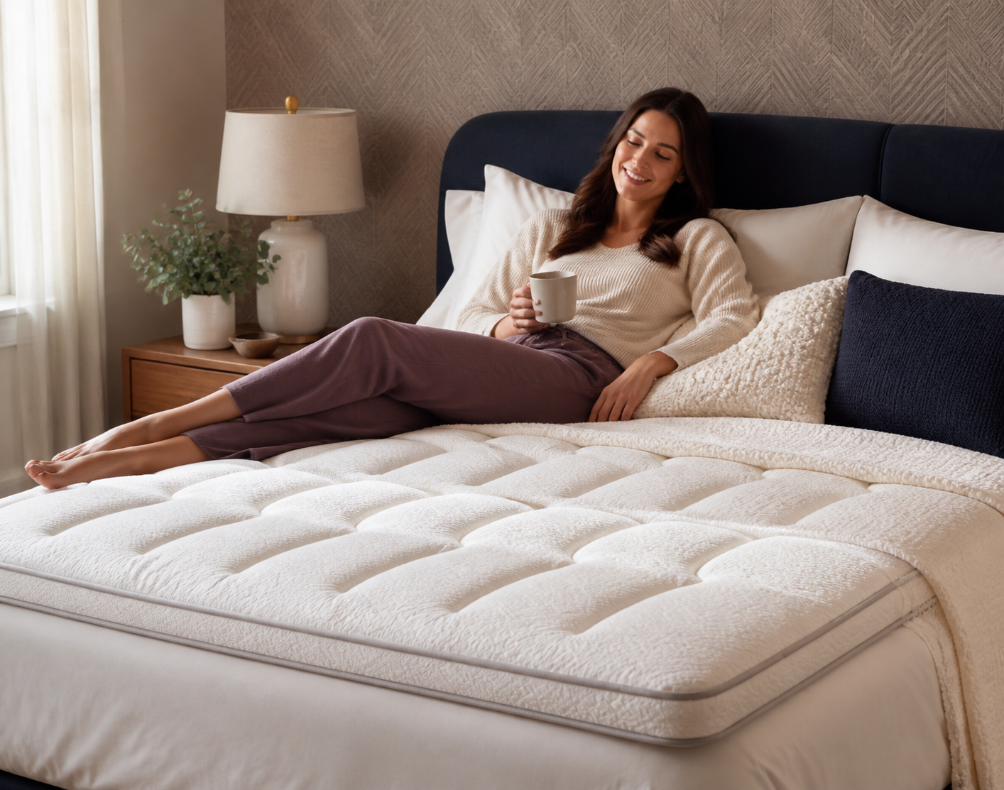 Person relaxing on a premium Adios bedding topper
